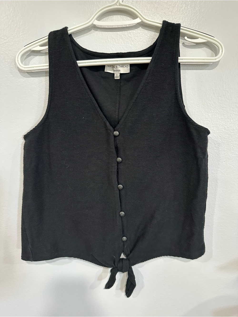 Madewell Black Ribbed Button-Front Tank with Tie Hem